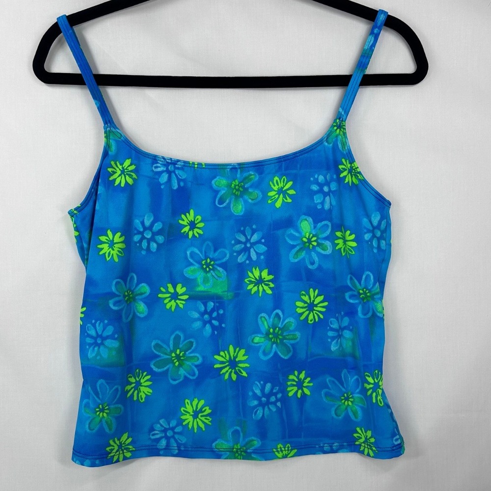 Vintage Y2K Blue Floral Tankini Swim Top – Bright Green Flower Print Cami